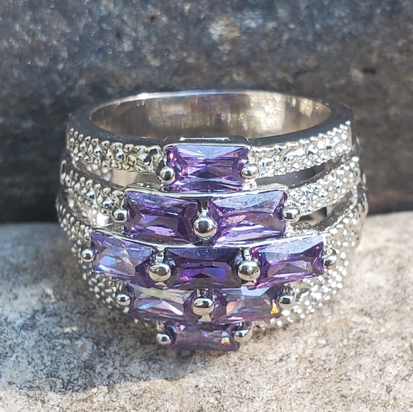 Jewelry - Beautiful Amethyst White Gold Rhodium Plated Ring, Wide Band NWOT